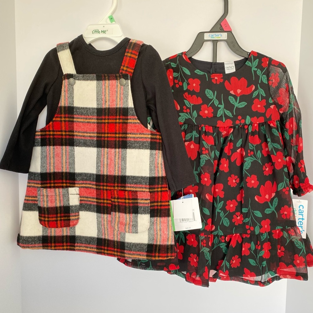 Little Me Red Black Plaid Jumper And Carters Floral Dress Toddler Girl 18 Months